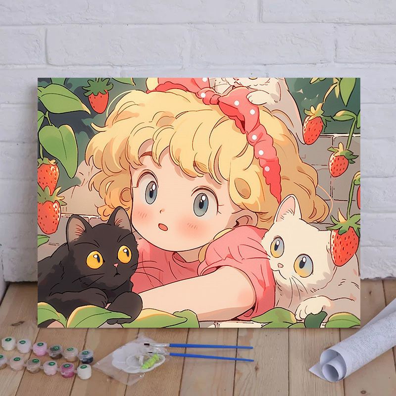 Cartoon Cat and Girl Themed Canvas Paint by Numbers Art Kit Stornfield