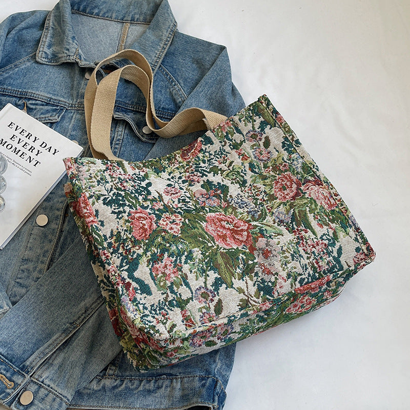 Floral Embroidered Tapestry Tote Bag