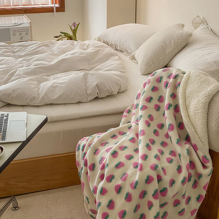 Reversible Sherpa Fleece Throw Blanket with Embossed Strawberry Texture