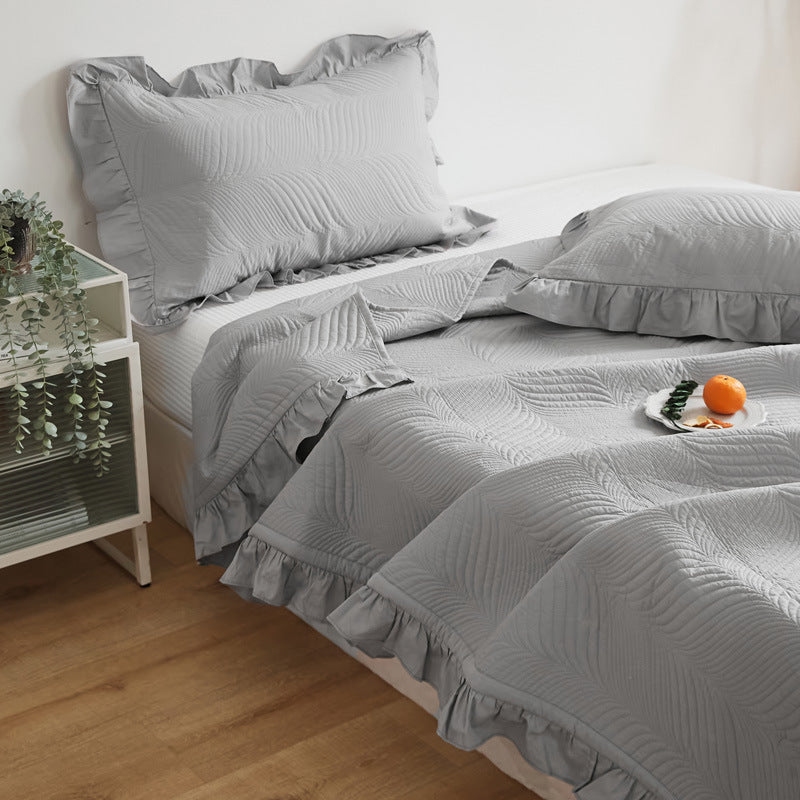 Quilted Wave-Texture Ruffled Bedspread Set with Pillow Shams