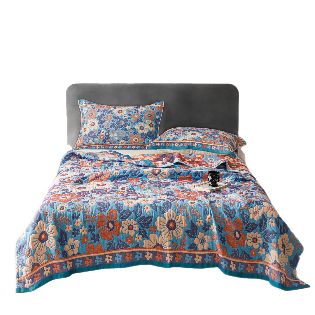 Jacquard Woven Bedspread and Pillowcase Ensemble with Scenic Tree and Deer Motif