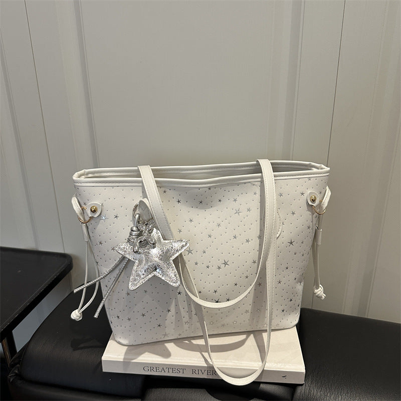 Star-Accented Faux Leather Tote Bag