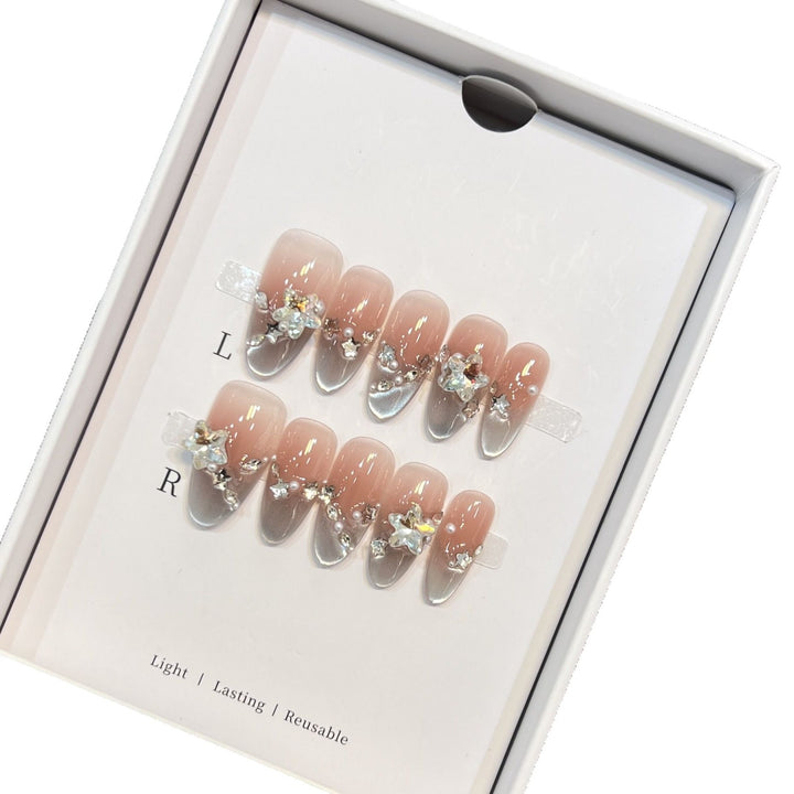 Elegant Press-On Almond Nails with Floral Accents Stornfield