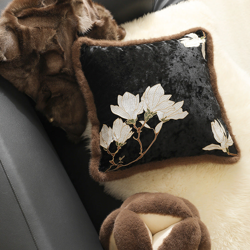 Square velvet decorative pillowcase with magnolia embroidery and faux fur trim Stornfield