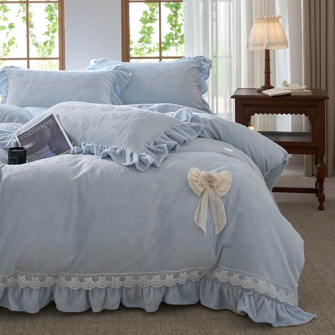 Embroidered Butterfly Pattern Bedspread Set