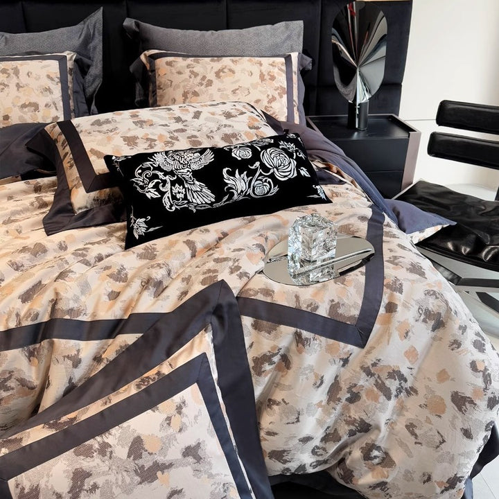 Jacquard-Patterned Reversible Duvet Cover Set with Satin Trim and Decorative Pillow Shams