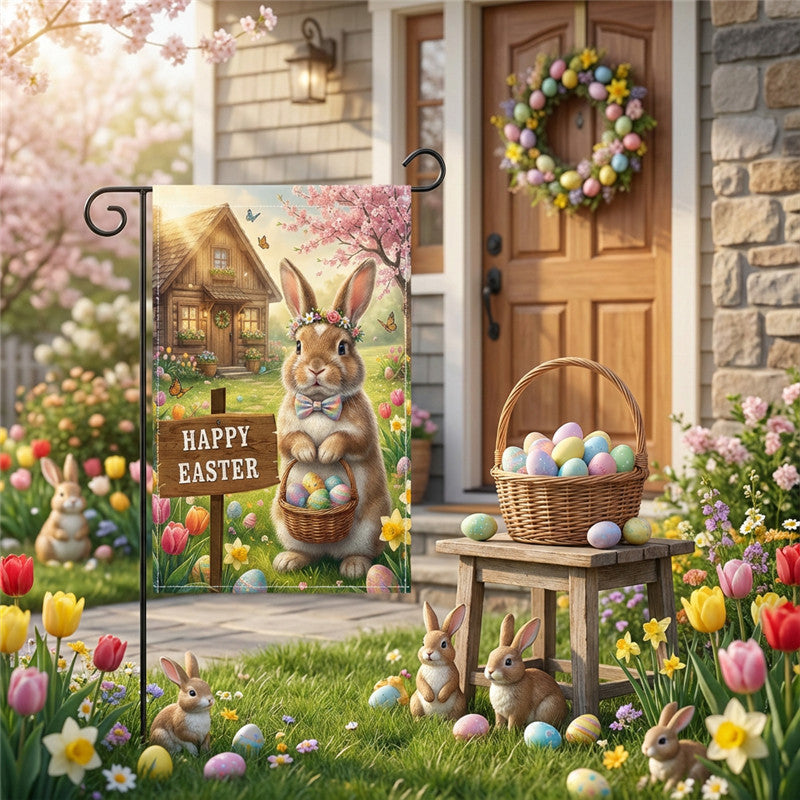 Decorative Outdoor Burlap-Texture Easter Garden Flag with Double-Sided Print and Pole Sleeve