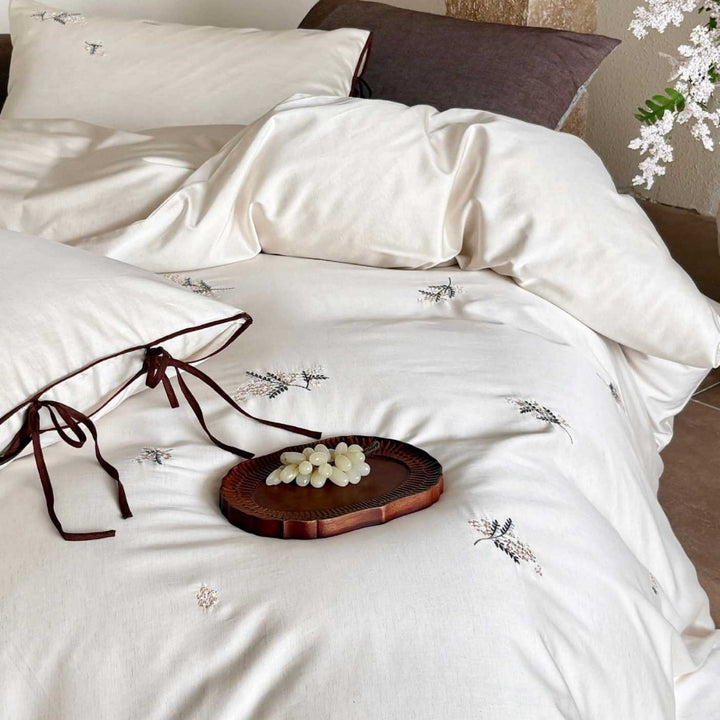 Washed Cotton Embroidered Duvet Cover Set with Tie-Closure Pillow Shams and Contrast Piped Edge