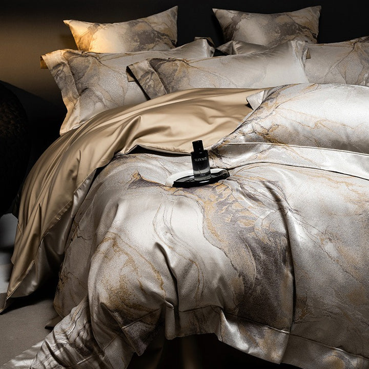 Luxury Marble-Print Satin Duvet Cover Set with Pillow Shams & Hidden Zipper