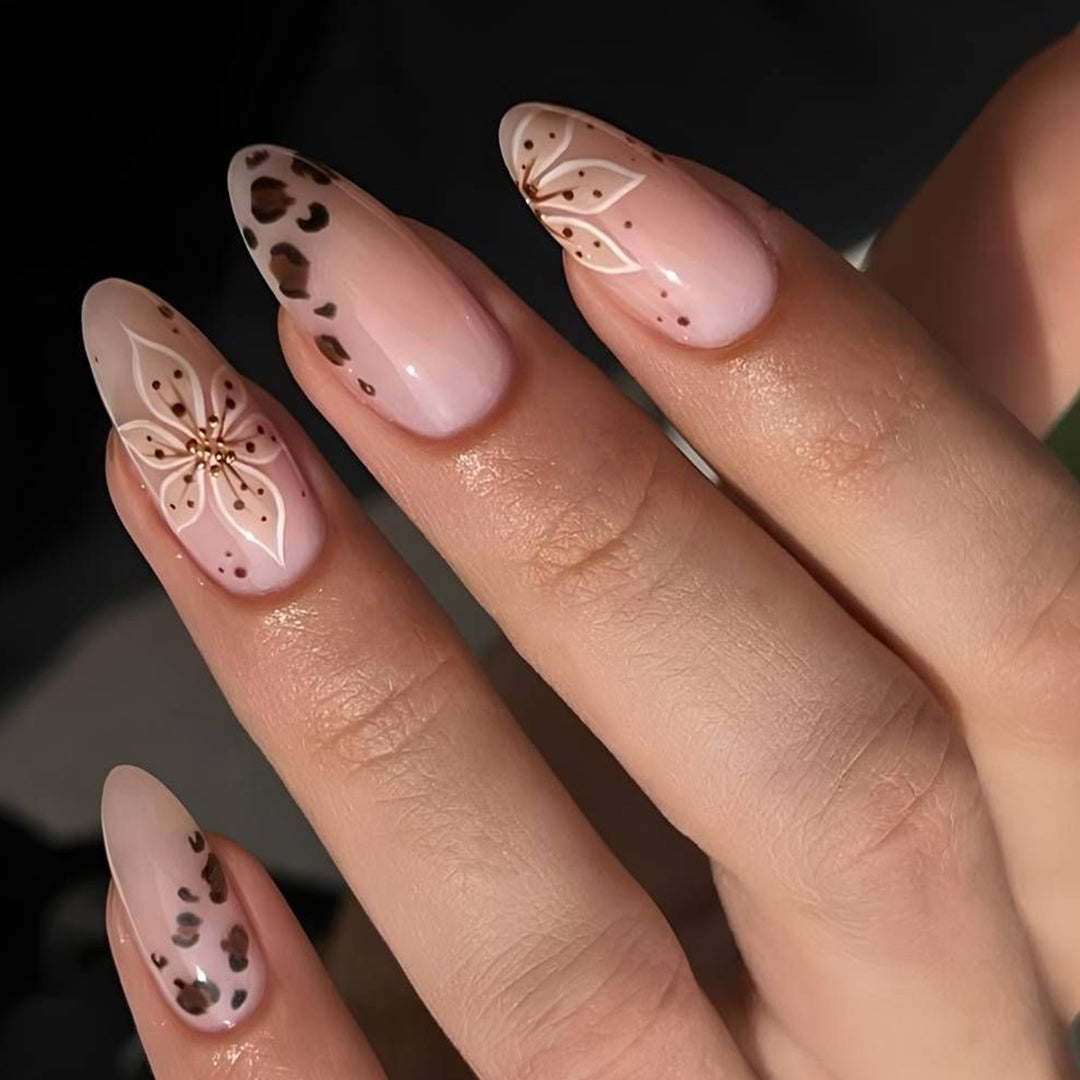 Elegant artificial nails with floral design and Stornfield accents