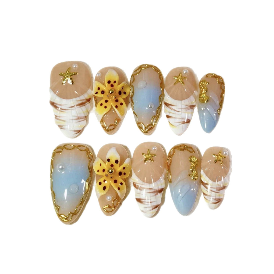 Decorative Press-On Nail Art Set with Ocean-Inspired Themes