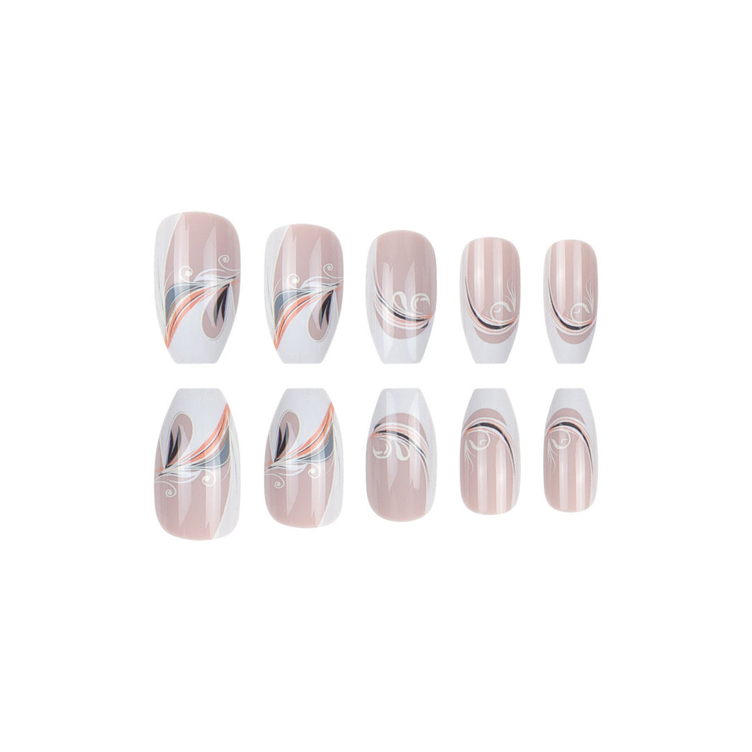 Decorative French Tip Press-On Nails with Artistic Swirl Design Stornfield