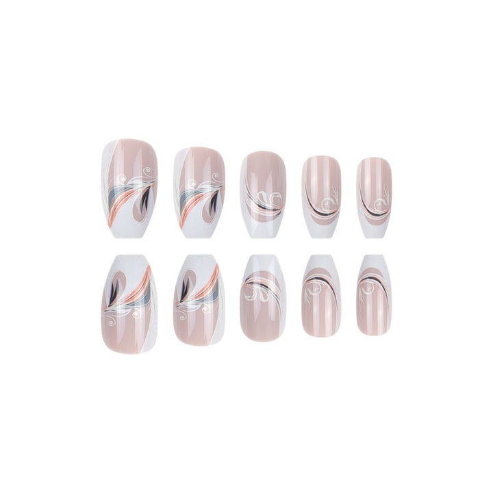 Decorative French Tip Press-On Nails with Artistic Swirl Design Stornfield