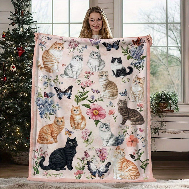 Floral Cat Print Fleece Blanket