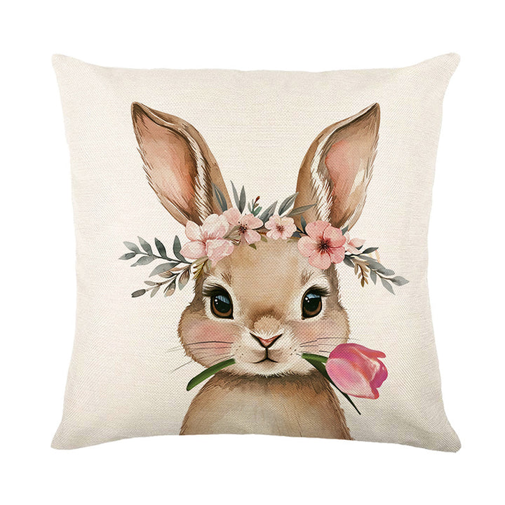 Decorative Linen Throw Pillow Cover with Hello Bunny Printed Design