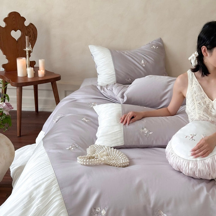 Embroidered Cotton Duvet Cover Set with Pleated Ruffle Trim and Decorative Pillow Shams