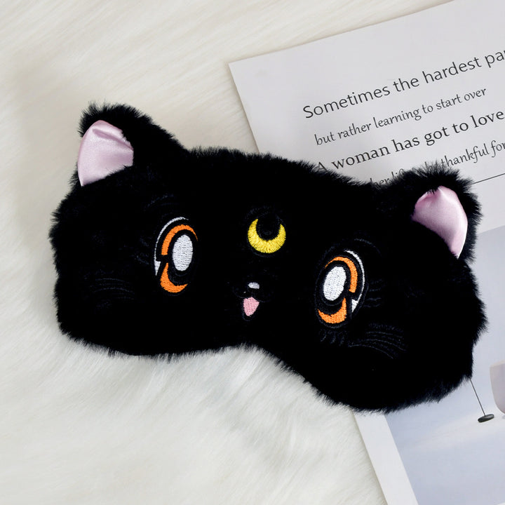 Women's fluffy sleep mask with embroidered cat design and soft comfort ears Stornfield