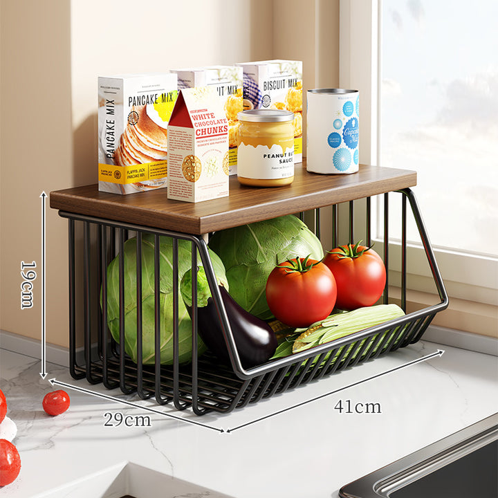 Countertop Wooden-Top Metal Wire Produce Storage Basket with Front-Tilt Access