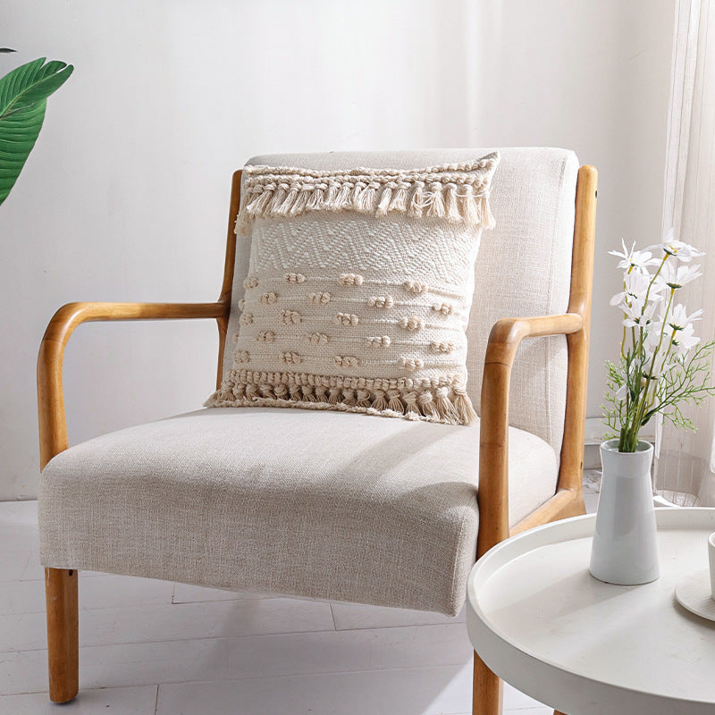 Woven Boho cushion cover with fringe stripes and handcrafted border