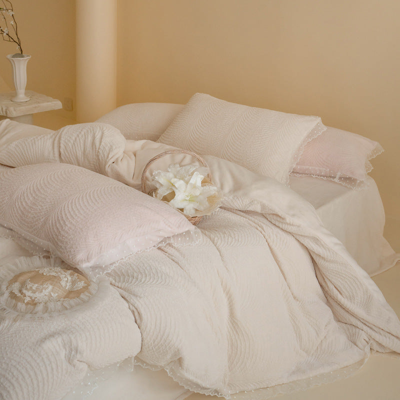 Quilted Wave-Texture Comforter Set with Sheer Dotted Ruffle Pillow Shams
