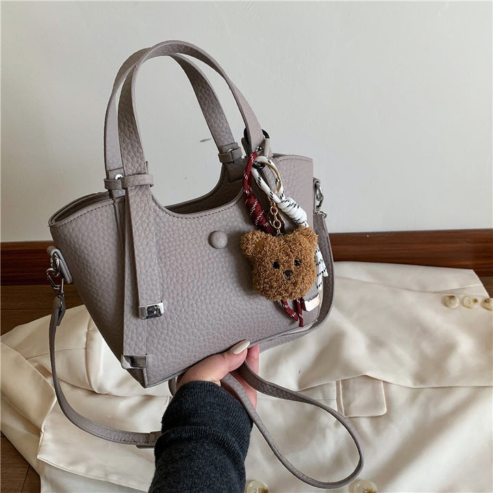 Textured Mini Tote Handbag with Charming Bear Keychain