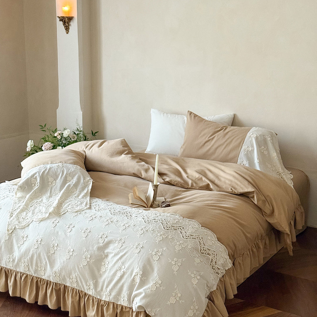 Vintage-Inspired Embroidered Lace-Trim Duvet Cover & Ruffled Bedskirt Set