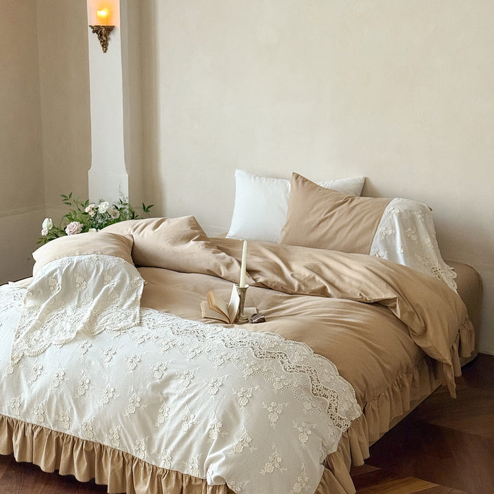 Vintage-Inspired Embroidered Lace-Trim Duvet Cover & Ruffled Bedskirt Set