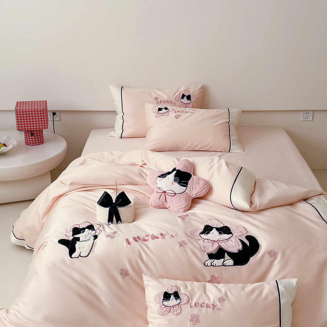 Cotton-Satin Embroidered Cat Duvet Cover Bedding Set