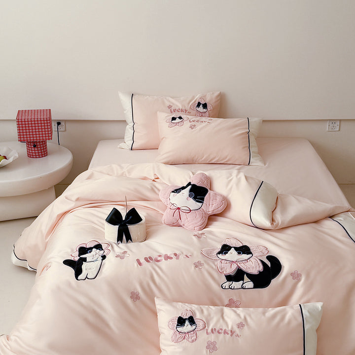 Cotton-Satin Embroidered Cat Duvet Cover Bedding Set