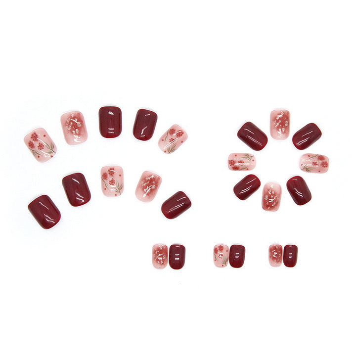 Floral-Design Press-On Nail Set with Gem Accents