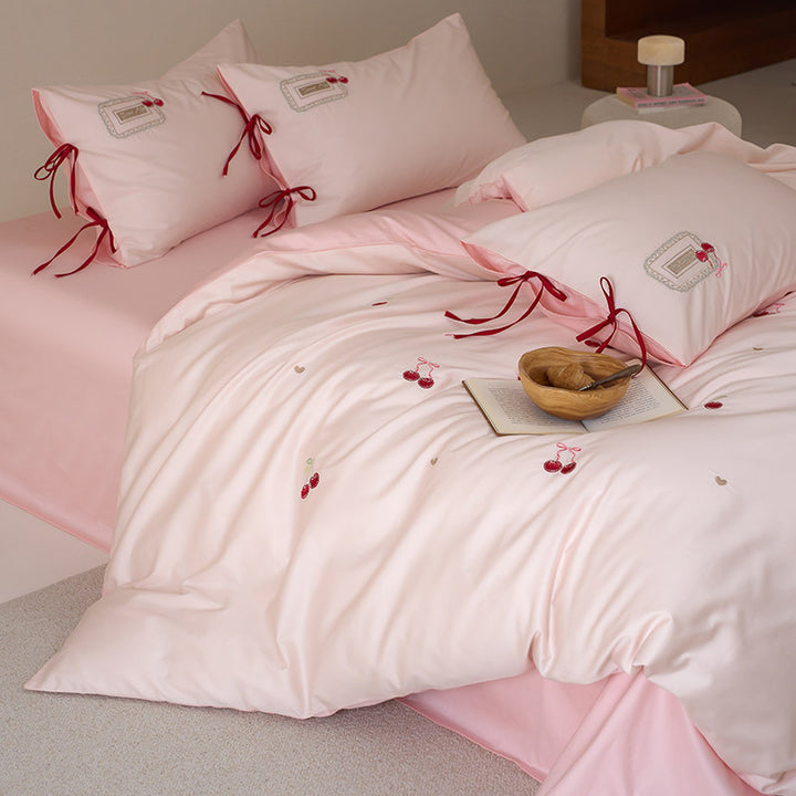 Embroidered Cherry Motif Cotton Percale Duvet Cover Set with Ribbon-Tie Pillow Shams