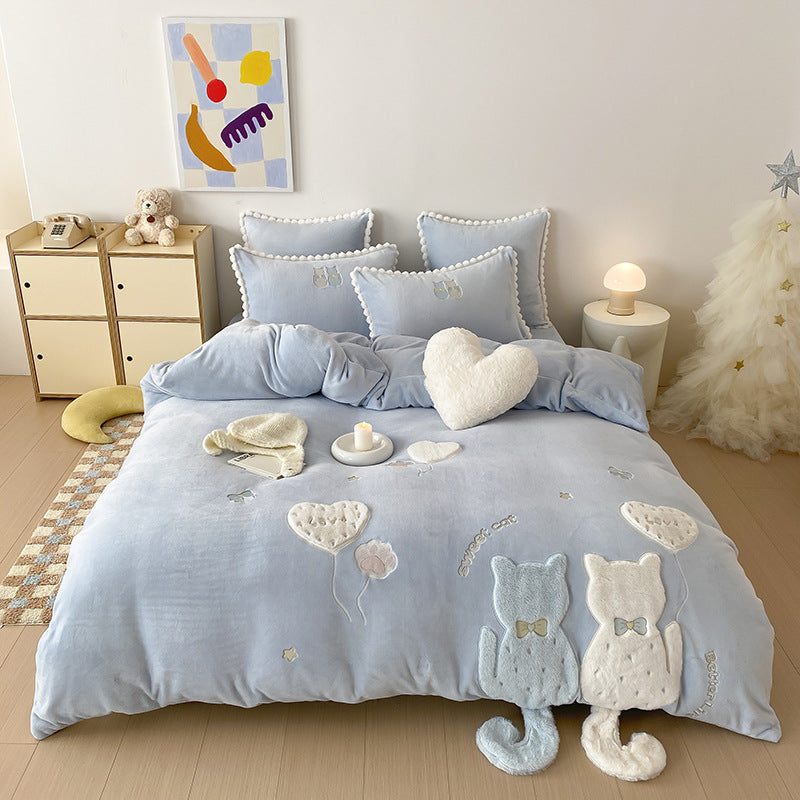 Cute bedding set made of fine satin with 3D cat appliqués, pompom trim & decorative pillow