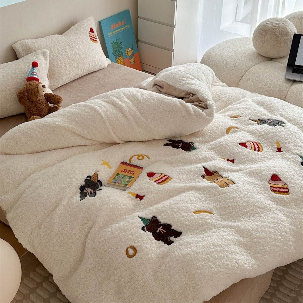 Plush Sherpa Comforter with Embroidered Teddy and Dessert Motifs