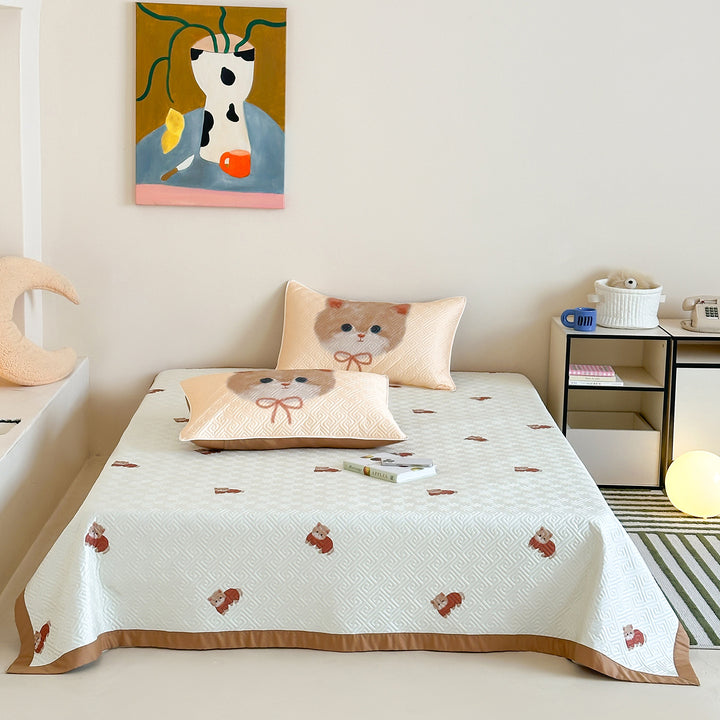 Quilted Cotton Bedspread and Pillowcase Set with Cute Cat Motif