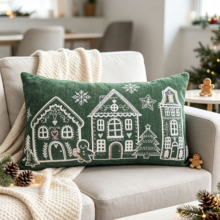 Christmas Gingerbread House Embroidered Velvet Lumbar Pillow Cover
