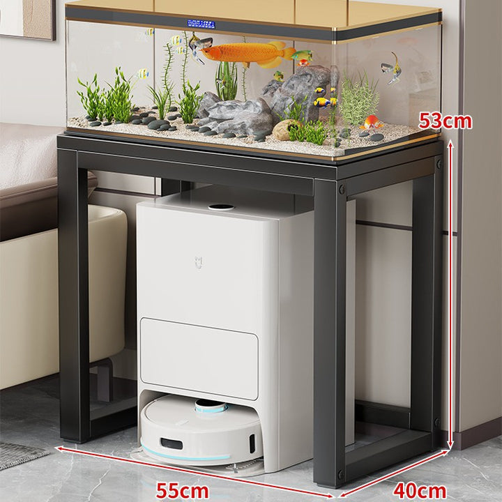 Gold Metal Aquarium Console Table with Faux Marble Top and Robot Vacuum Storage