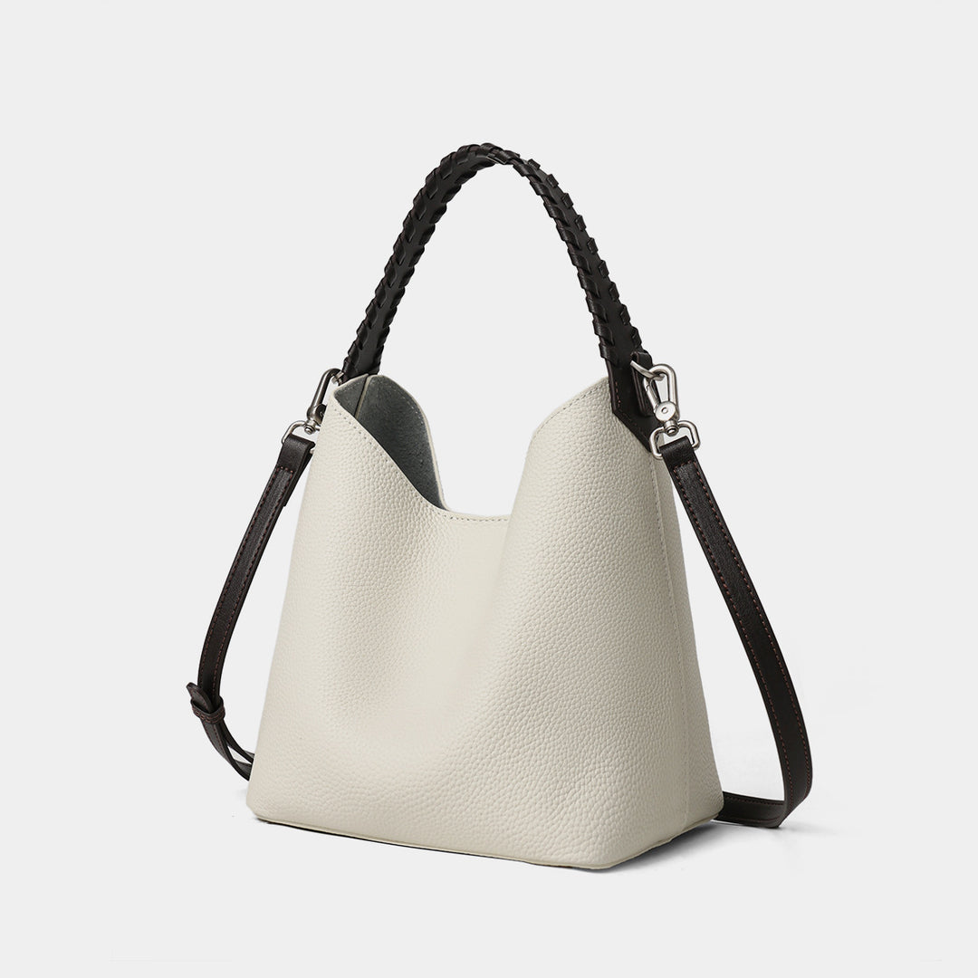 Pebbled Leather Bucket Hobo Bag with Braided Top Handle & Detachable Shoulder Strap