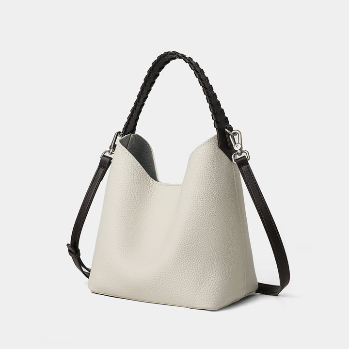 Pebbled Leather Bucket Hobo Bag with Braided Top Handle & Detachable Shoulder Strap
