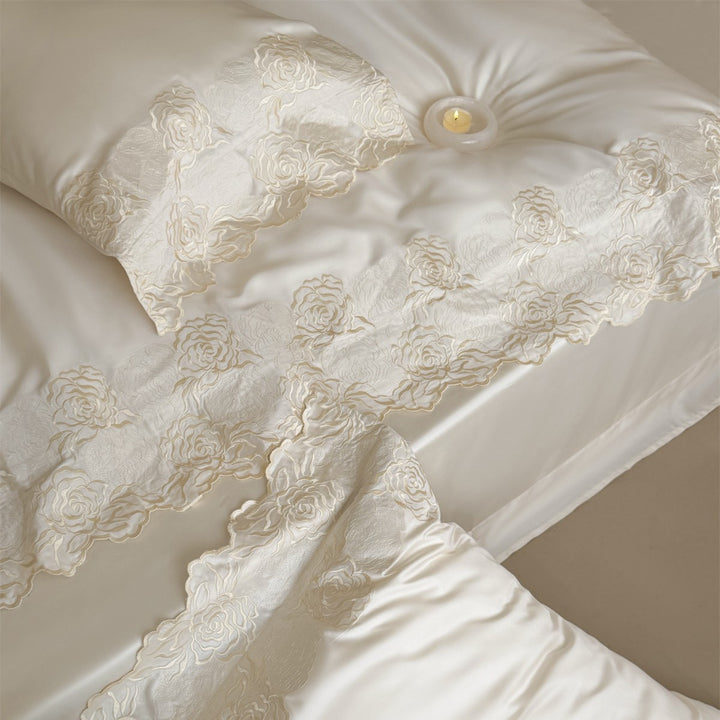 Luxury Embroidered Satin Duvet Cover Set with Scalloped Rose Lace Trim