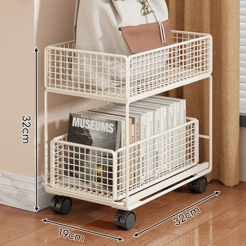 Compact Two-Tier Rolling Metal Mesh Storage Trolley with Locking Swivel Casters
