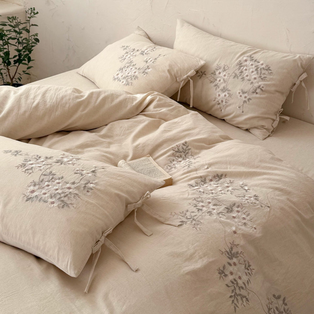 Embroidered Linen Duvet Cover and Tie-Closure Pillowcase Set