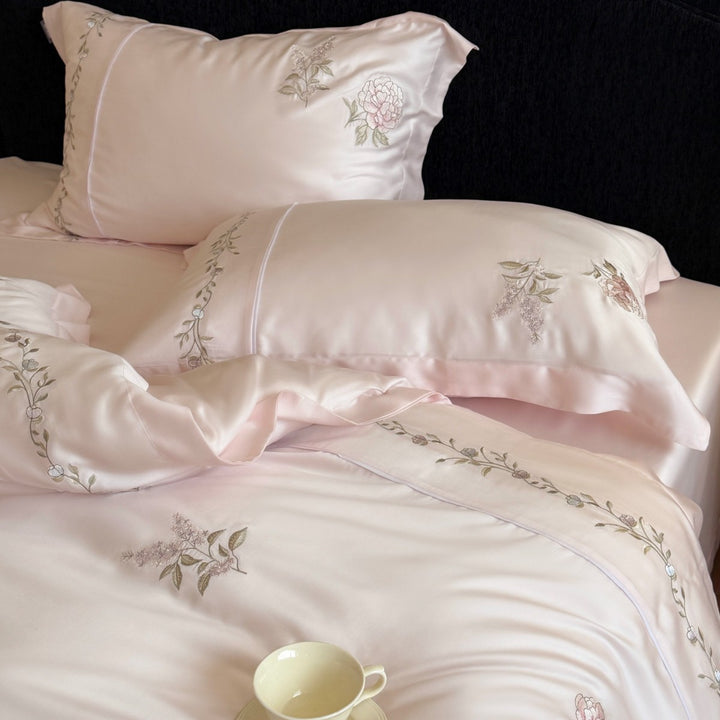 Silk-Feel Floral Embroidered Sateen Duvet Cover Ensemble with Decorative Flange and Lumbar Pillow