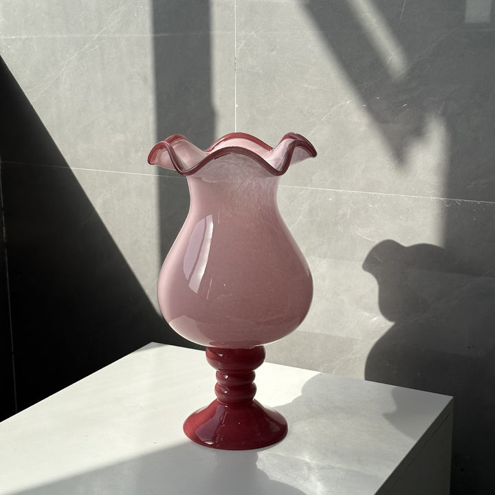 Handblown Ruffled-Rim Bulb-on-Pedestal Art Glass Vase Stornfield