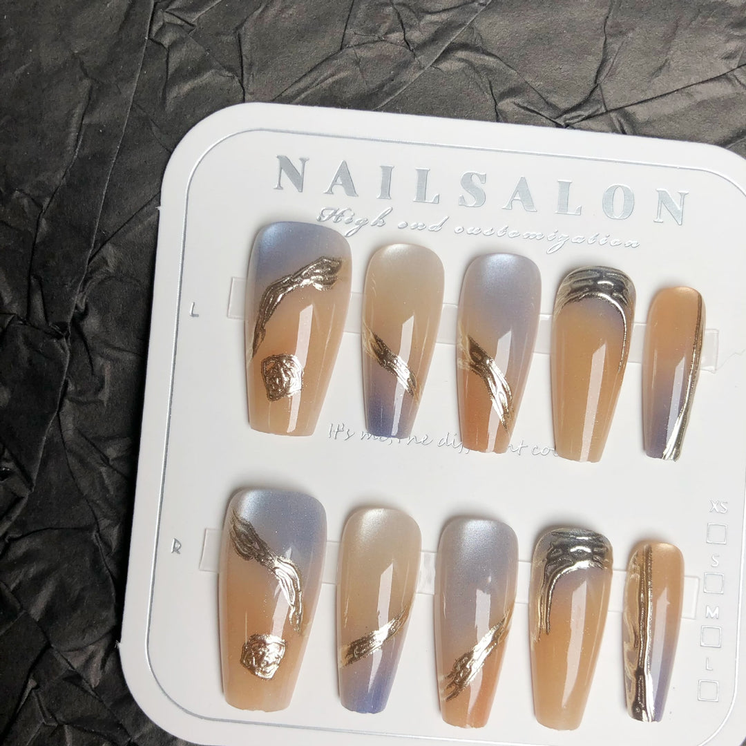 Elegant Press-On Nail Set with Gold Accents