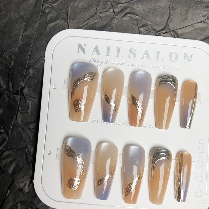 Elegant Press-On Nail Set with Gold Accents