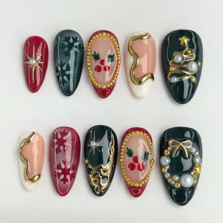 Artificial nail set with elegant Christmas motifs and luxurious embellishments Stornfield