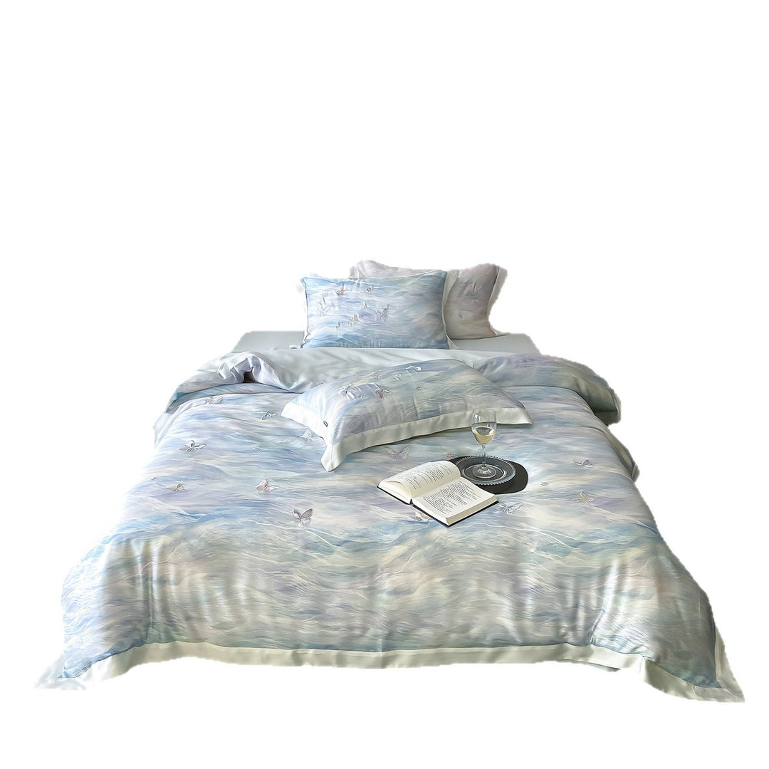 Elegant satin bedding set with watercolored gradient and 3D butterfly embroidery