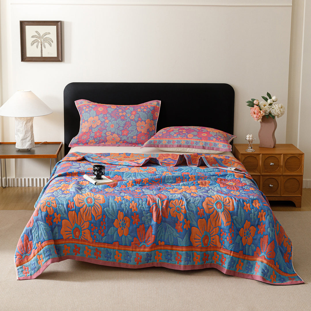 Jacquard Woven Bedspread and Pillowcase Ensemble with Scenic Tree and Deer Motif