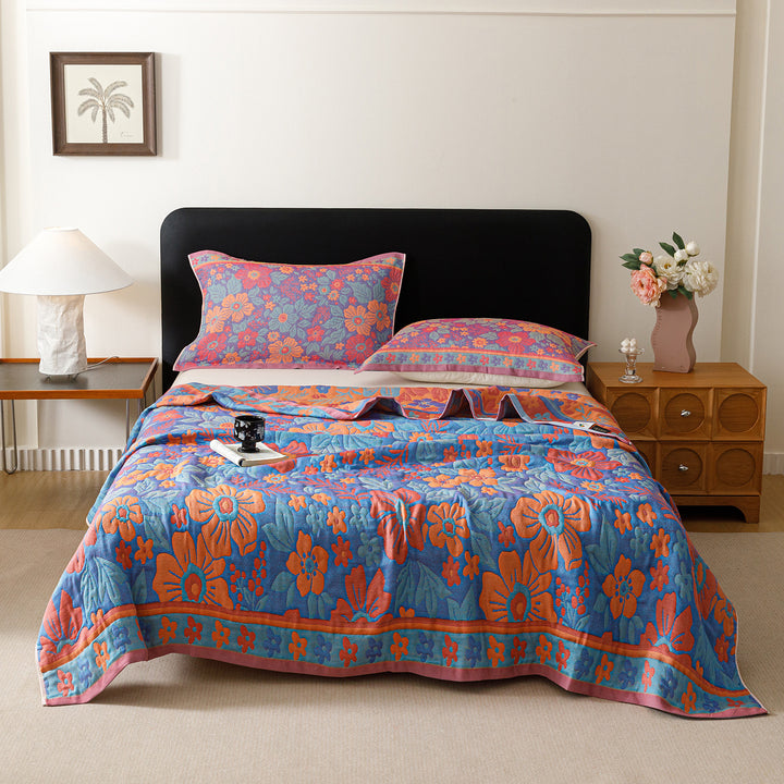 Jacquard Woven Bedspread and Pillowcase Ensemble with Scenic Tree and Deer Motif
