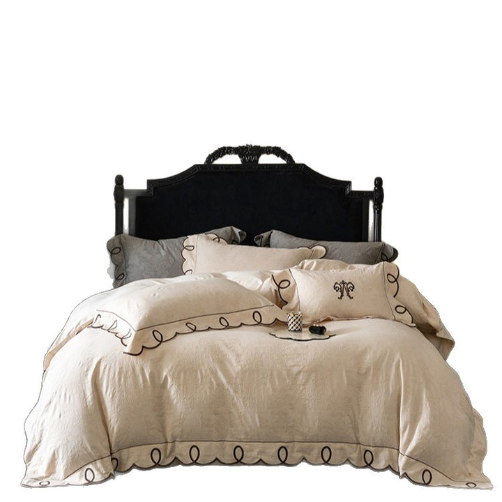 Embroidered Scalloped-Loop Jacquard Duvet Cover Set with Matching Pillow Shams